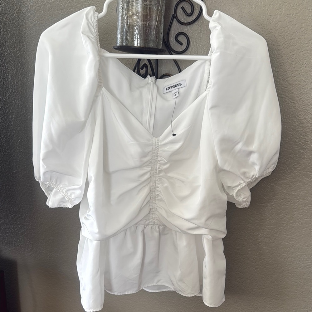 Express White Puff Sleeve Ruched Peplum Blouse